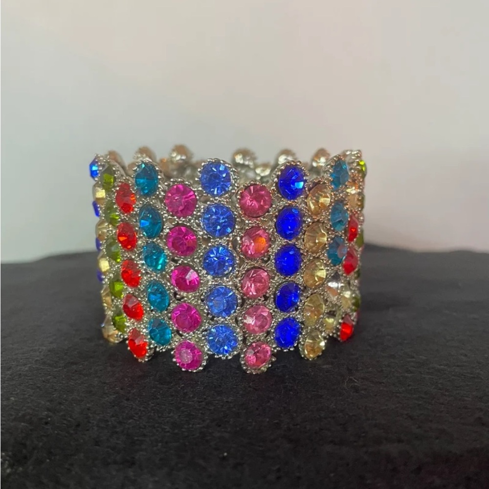 Wide Spring-Hinged Rhinestone Bangle Bracelet Muliti-Color Bling Colorful